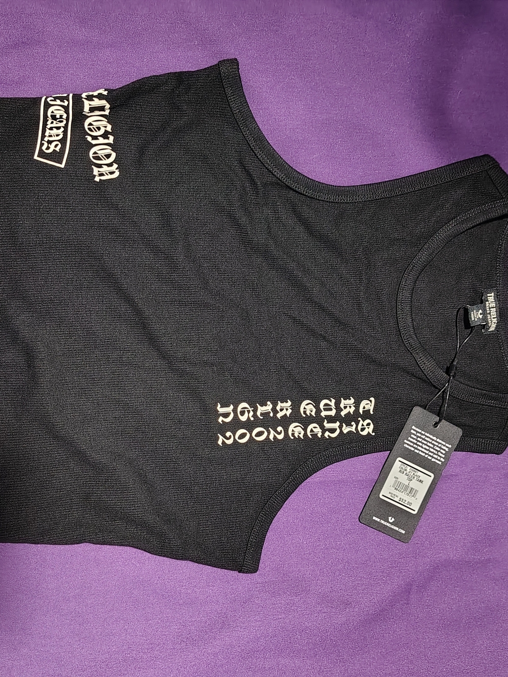 True Religion Black Ribbed Tank with Gothic Logo